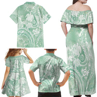 Aloha Hawaii Turtles Floral Family Matching Off Shoulder Maxi Dress and Hawaiian Shirt Seafoam Marbles Glaze