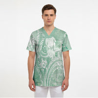 Aloha Hawaii Turtles Floral Scrub Top Seafoam Marbles Glaze