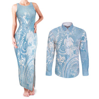 Aloha Hawaii Turtles Floral Couples Matching Tank Maxi Dress and Long Sleeve Button Shirt Aqua Marbles Glaze