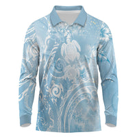 Aloha Hawaii Turtles Floral Long Sleeve Polo Shirt Aqua Marbles Glaze