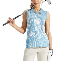 Aloha Hawaii Turtles Floral Women Sleeveless Polo Shirt Aqua Marbles Glaze
