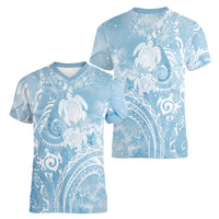 Aloha Hawaii Turtles Floral Women V-Neck T-Shirt Aqua Marbles Glaze
