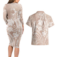 Aloha Hawaii Turtles Floral Couples Matching Long Sleeve Bodycon Dress and Hawaiian Shirt Taupe Marbles Glaze