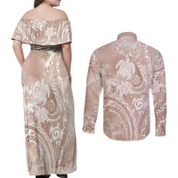 Aloha Hawaii Turtles Floral Couples Matching Off Shoulder Maxi Dress and Long Sleeve Button Shirt Taupe Marbles Glaze