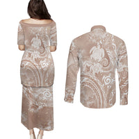 Aloha Hawaii Turtles Floral Couples Matching Puletasi and Long Sleeve Button Shirt Taupe Marbles Glaze