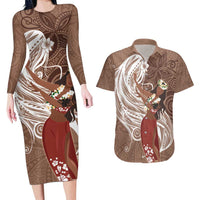 Tahiti Islands Polynesian Plumeria Couples Matching Long Sleeve Bodycon Dress and Hawaiian Shirt Tahitian Vahine 'Ote'a - Beige LT7 Beige - Polynesian Pride