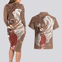 Tahiti Islands Polynesian Plumeria Couples Matching Long Sleeve Bodycon Dress and Hawaiian Shirt Tahitian Vahine 'Ote'a - Beige LT7 - Polynesian Pride