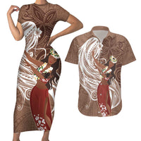 Tahiti Islands Polynesian Plumeria Couples Matching Short Sleeve Bodycon Dress and Hawaiian Shirt Tahitian Vahine 'Ote'a - Beige LT7 Beige - Polynesian Pride