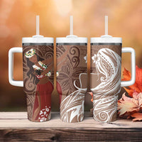 Tahiti Islands Polynesian Plumeria Tumbler With Handle Tahitian Vahine 'Ote'a - Beige LT7 - Polynesian Pride