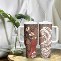 Tahiti Islands Polynesian Plumeria Tumbler With Handle Tahitian Vahine 'Ote'a - Beige LT7 - Polynesian Pride