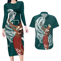 Tahiti Islands Polynesian Plumeria Couples Matching Long Sleeve Bodycon Dress and Hawaiian Shirt Tahitian Vahine 'Ote'a - Teal LT7 Teal - Polynesian Pride