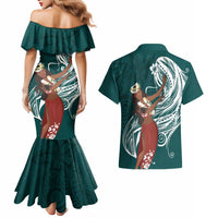 Tahiti Islands Polynesian Plumeria Couples Matching Mermaid Dress and Hawaiian Shirt Tahitian Vahine 'Ote'a - Teal LT7 - Polynesian Pride