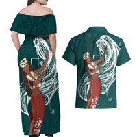 Tahiti Islands Polynesian Plumeria Couples Matching Off Shoulder Maxi Dress and Hawaiian Shirt Tahitian Vahine 'Ote'a - Teal LT7 - Polynesian Pride