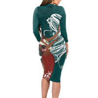 Tahiti Islands Polynesian Plumeria Long Sleeve Bodycon Dress Tahitian Vahine 'Ote'a - Teal