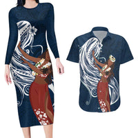 Tahiti Islands Polynesian Plumeria Couples Matching Long Sleeve Bodycon Dress and Hawaiian Shirt Tahitian Vahine 'Ote'a - Navy Blue LT7 Blue - Polynesian Pride