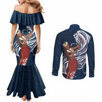 Tahiti Islands Polynesian Plumeria Couples Matching Mermaid Dress and Long Sleeve Button Shirt Tahitian Vahine 'Ote'a - Navy Blue LT7 - Polynesian Pride