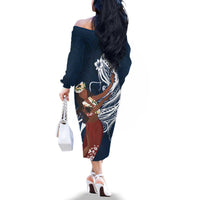 Tahiti Islands Polynesian Plumeria Family Matching Off The Shoulder Long Sleeve Dress and Hawaiian Shirt Tahitian Vahine 'Ote'a - Navy Blue LT7 - Polynesian Pride