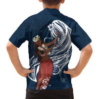 Tahiti Islands Polynesian Plumeria Family Matching Off Shoulder Short Dress and Hawaiian Shirt Tahitian Vahine 'Ote'a - Navy Blue LT7 - Polynesian Pride