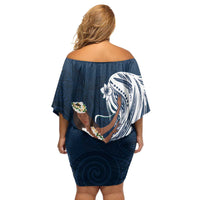 Tahiti Islands Polynesian Plumeria Family Matching Off Shoulder Short Dress and Hawaiian Shirt Tahitian Vahine 'Ote'a - Navy Blue LT7 - Polynesian Pride