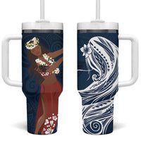 Tahiti Islands Polynesian Plumeria Tumbler With Handle Tahitian Vahine 'Ote'a - Navy Blue LT7 One Size: 40 oz Blue - Polynesian Pride