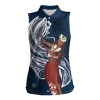 Tahiti Islands Polynesian Plumeria Women Sleeveless Polo Shirt Tahitian Vahine 'Ote'a - Navy Blue LT7 Female Blue - Polynesian Pride