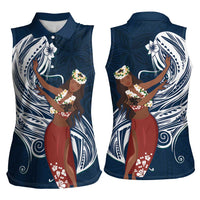 Tahiti Islands Polynesian Plumeria Women Sleeveless Polo Shirt Tahitian Vahine 'Ote'a - Navy Blue LT7 - Polynesian Pride