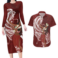 Tahiti Islands Polynesian Plumeria Couples Matching Long Sleeve Bodycon Dress and Hawaiian Shirt Tahitian Vahine 'Ote'a - Scarlet LT7 Red - Polynesian Pride
