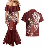 Tahiti Islands Polynesian Plumeria Couples Matching Mermaid Dress and Hawaiian Shirt Tahitian Vahine 'Ote'a - Scarlet LT7 - Polynesian Pride