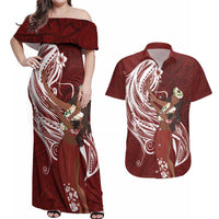 Tahiti Islands Polynesian Plumeria Couples Matching Off Shoulder Maxi Dress and Hawaiian Shirt Tahitian Vahine 'Ote'a - Scarlet LT7 Red - Polynesian Pride