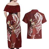 Tahiti Islands Polynesian Plumeria Couples Matching Off Shoulder Maxi Dress and Hawaiian Shirt Tahitian Vahine 'Ote'a - Scarlet LT7 - Polynesian Pride