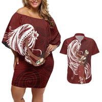 Tahiti Islands Polynesian Plumeria Couples Matching Off Shoulder Short Dress and Hawaiian Shirt Tahitian Vahine 'Ote'a - Scarlet LT7 Red - Polynesian Pride