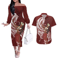 Tahiti Islands Polynesian Plumeria Couples Matching Off The Shoulder Long Sleeve Dress and Hawaiian Shirt Tahitian Vahine 'Ote'a - Scarlet LT7 Red - Polynesian Pride