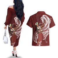 Tahiti Islands Polynesian Plumeria Couples Matching Off The Shoulder Long Sleeve Dress and Hawaiian Shirt Tahitian Vahine 'Ote'a - Scarlet LT7 - Polynesian Pride