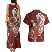 Tahiti Islands Polynesian Plumeria Couples Matching Tank Maxi Dress and Hawaiian Shirt Tahitian Vahine 'Ote'a - Scarlet LT7 - Polynesian Pride