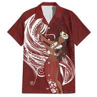 Tahiti Islands Polynesian Plumeria Family Matching Off The Shoulder Long Sleeve Dress and Hawaiian Shirt Tahitian Vahine 'Ote'a - Scarlet LT7 Dad's Shirt - Short Sleeve Red - Polynesian Pride