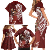 Tahiti Islands Polynesian Plumeria Family Matching Short Sleeve Bodycon Dress and Hawaiian Shirt Tahitian Vahine 'Ote'a - Scarlet LT7 - Polynesian Pride