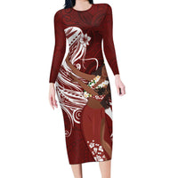 Tahiti Islands Polynesian Plumeria Long Sleeve Bodycon Dress Tahitian Vahine 'Ote'a - Scarlet LT7 Long Dress Red - Polynesian Pride