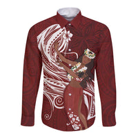 Tahiti Islands Polynesian Plumeria Long Sleeve Button Shirt Tahitian Vahine 'Ote'a - Scarlet LT7 Unisex Red - Polynesian Pride