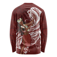 Tahiti Islands Polynesian Plumeria Long Sleeve Shirt Tahitian Vahine 'Ote'a - Scarlet LT7 - Polynesian Pride