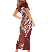 Tahiti Islands Polynesian Plumeria Short Sleeve Bodycon Dress Tahitian Vahine 'Ote'a - Scarlet LT7 - Polynesian Pride