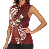 Tahiti Islands Polynesian Plumeria Women Sleeveless Polo Shirt Tahitian Vahine 'Ote'a - Scarlet LT7 - Polynesian Pride