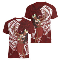Tahiti Islands Polynesian Plumeria Women V-Neck T-Shirt Tahitian Vahine 'Ote'a - Scarlet LT7 - Polynesian Pride