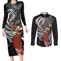 Tahiti Islands Polynesian Plumeria Couples Matching Long Sleeve Bodycon Dress and Long Sleeve Button Shirt Tahitian Vahine 'Ote'a - Black LT7 Black - Polynesian Pride