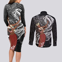 Tahiti Islands Polynesian Plumeria Couples Matching Long Sleeve Bodycon Dress and Long Sleeve Button Shirt Tahitian Vahine 'Ote'a - Black LT7 - Polynesian Pride