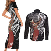 Tahiti Islands Polynesian Plumeria Couples Matching Short Sleeve Bodycon Dress and Long Sleeve Button Shirt Tahitian Vahine 'Ote'a - Black LT7 - Polynesian Pride