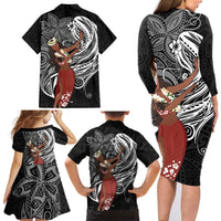 Tahiti Islands Polynesian Plumeria Family Matching Long Sleeve Bodycon Dress and Hawaiian Shirt Tahitian Vahine 'Ote'a - Black LT7 - Polynesian Pride