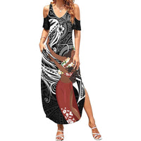 Tahiti Islands Polynesian Plumeria Family Matching Summer Maxi Dress and Hawaiian Shirt Tahitian Vahine 'Ote'a - Black LT7 Mom's Dress Black - Polynesian Pride