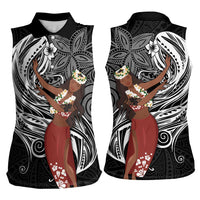 Tahiti Islands Polynesian Plumeria Women Sleeveless Polo Shirt Tahitian Vahine 'Ote'a - Black LT7 - Polynesian Pride