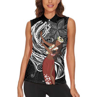 Tahiti Islands Polynesian Plumeria Women Sleeveless Polo Shirt Tahitian Vahine 'Ote'a - Black LT7 - Polynesian Pride