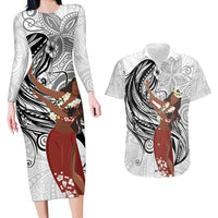Tahiti Islands Polynesian Plumeria Couples Matching Long Sleeve Bodycon Dress and Hawaiian Shirt Tahitian Vahine 'Ote'a - White LT7 White - Polynesian Pride